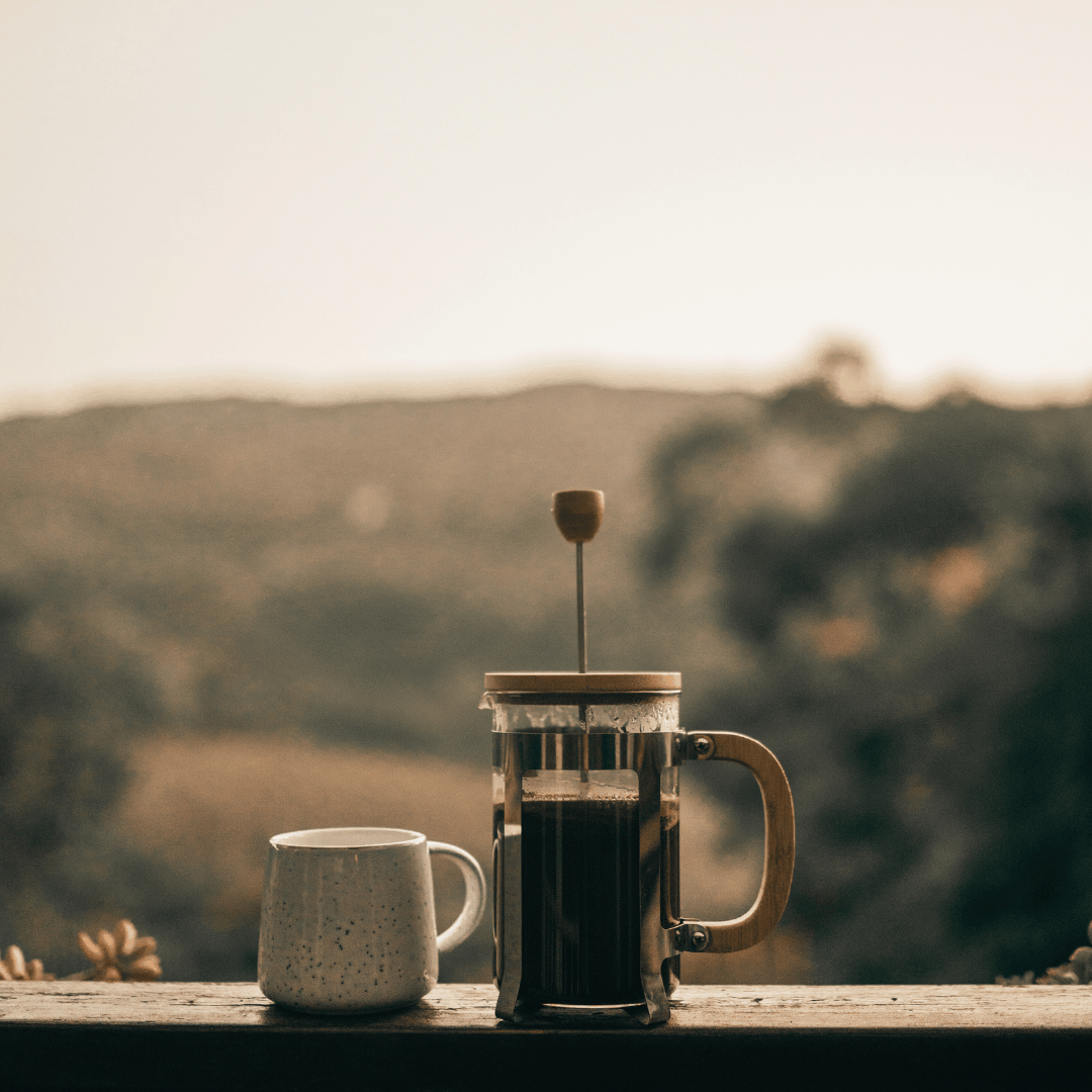 Friskbrygget stempelkaffe i en glaskande med dampende, mørk kaffe – den perfekte balance mellem smag og fylde efter 4 minutters trækketid.