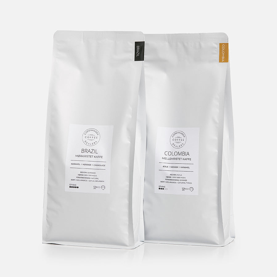 Vores 2x1000g espresso smagspakke fra Colombia og Brasilien tilbyder en ekstraordinær smagsdybde, perfekt for dem, der ønsker en autentisk og kraftfuld espressooplevelse