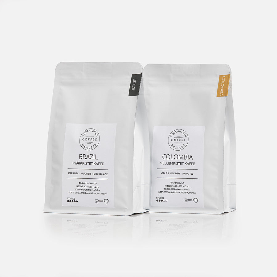 Udforsk vores 2x250g espresso smagspakke fra Colombia og Brasilien, perfekt sammensat for en raffineret og intens espressooplevelse