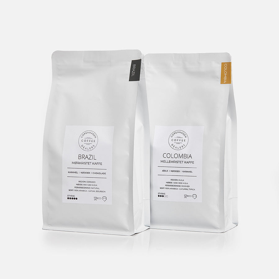 Nyd vores nøje udvalgte 2x500g espresso smagspakke fra Colombia og Brasilien, ideel for espressoentusiaster, der søger dybde og rigdom i hver kop