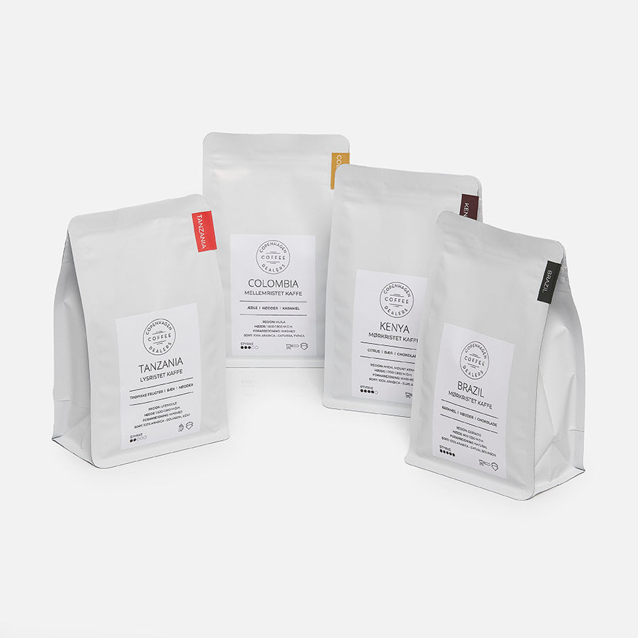 Oplev vores 4x250g kaffe smagspakke, en nøje udvalgt blanding fra Colombia, Brasilien, Tanzania og Kenya, perfekt til at udforske forskellige kaffesmag