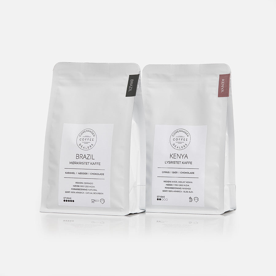 Opdag vores unikke 2x250g kaffepakke fra Kenya og Brasilien, perfekt sammensat for en alsidig og rig kaffeoplevelse