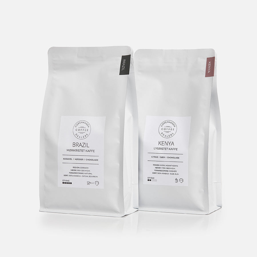 Nyd vores 2x500g kaffepakke, der kombinerer det bedste fra Kenya og Brasiliens kaffeverdener, ideel for dem, der elsker variation