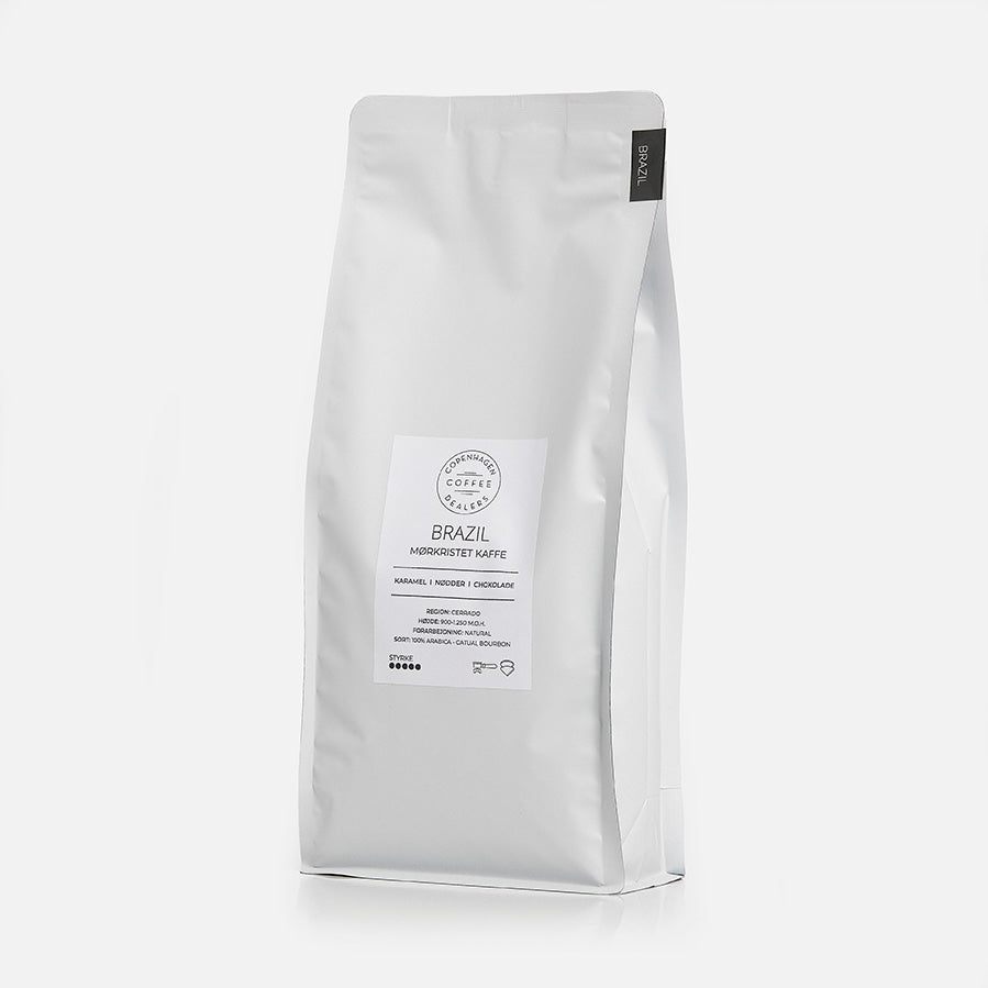 1000g af vores premium mørkristede kaffe fra Brasilien, perfekt for dem, der ønsker en rig og fuld kaffeoplevelse dagligt