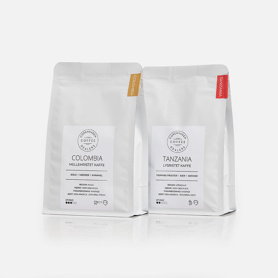 Oplev vores særlige stempelkaffe smagspakke med 2x250g fra Colombia og Tanzania, perfekt til at udforske forskellige smagsprofiler