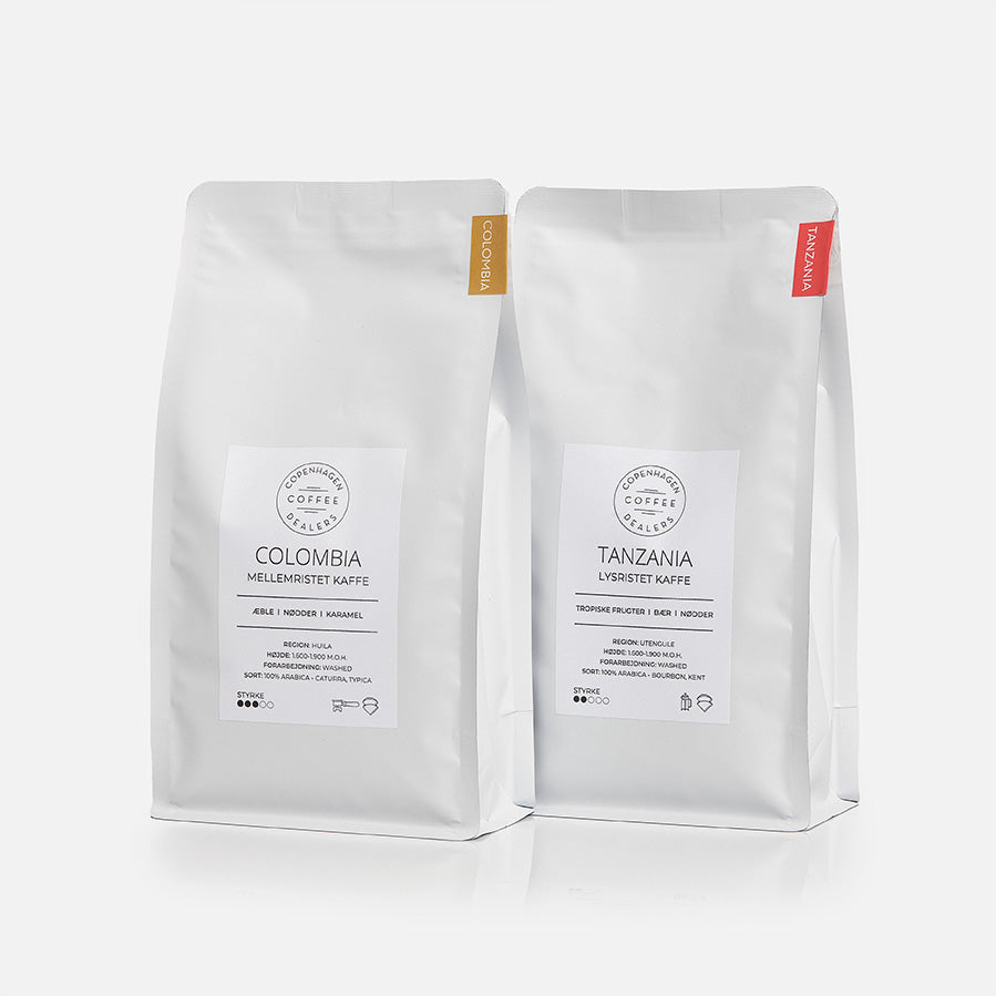 2x500g stempelkaffe smagspakke, der kombinerer det bedste fra Colombia og Tanzania, ideel til at nyde en mangfoldighed af rige aromaer