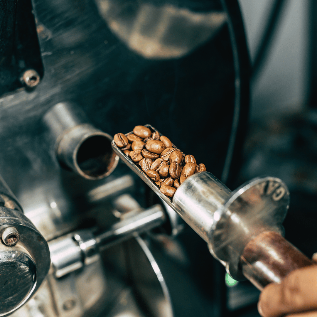 En kop friskristet kaffe ved siden af en pose kaffebønner fra Copenhagen Coffee Dealers, der illustrerer ristningsprocessen og fordelene ved at vælge kaffe fra et kvalitetsristeri.