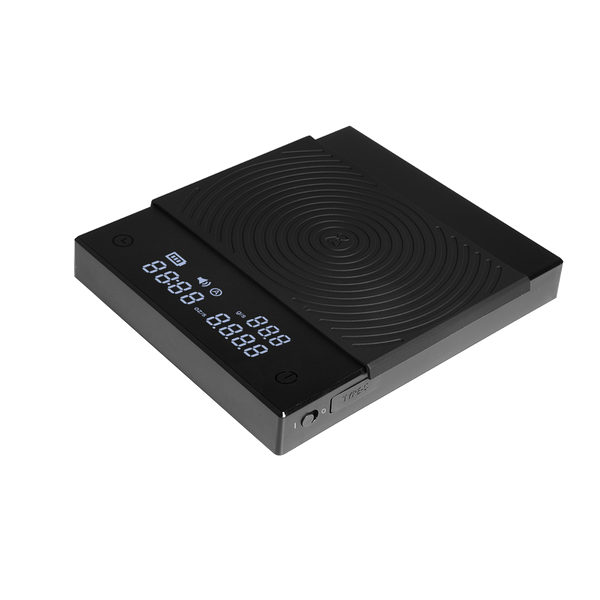 Timemore Mirror Basic Plus 2 kaffevægt i mat sort med usynligt LED‑display vist fra forsiden