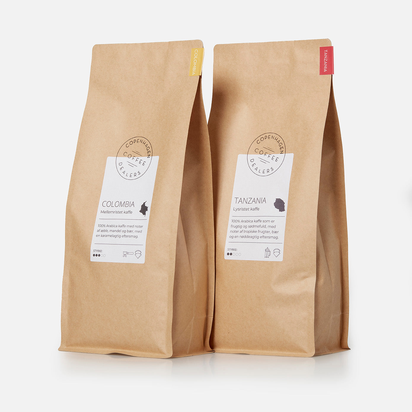 Vores eksklusive 2x1000g stempelkaffe smagspakke fra Colombia og Tanzania tilbyder en udsøgt smagsrejse for den ægte kaffeentusiast